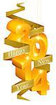 Orange and gold happy new year 2014 ornaments with a ribbon reading happy new year
