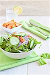 Healthy Salad with tomato, onion, cucumber and lettuce on table