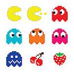 Pacman and ghosts 80's computer game icons set