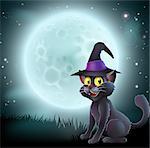 Illustration of a Halloween witch cat in a pointy hat  in front of a big full moon on a misty night