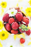 Fresh strawberries  in yellow bucket on the white background with yellow flowers