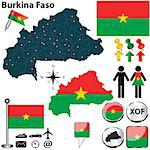 Vector of Burkina Faso set with detailed country shape with region borders, flags and icons