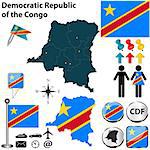 Vector of Democratic Republic of the Congo set with detailed country shape with region borders, flags and icons