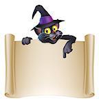 Drawing of Halloween black cat in witch hat above a scroll sign pointing down