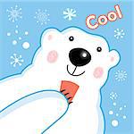 cheerful polar bear on a blue background with snowflakes