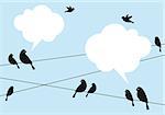 birds on wire in blue sky with cloud speech bubbles, vector background