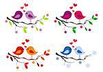 cute love birds with red hearts on tree branch, vector design elements
