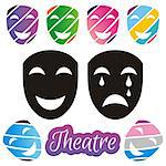 Set of black and colorful theatrical mask on white background