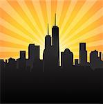 Cityscape on Sunburst Pattern. Vector illustration