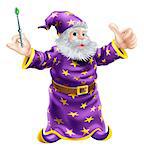 A cartoon wizard or sorcerer holding a wand and giving a happy thumbs up
