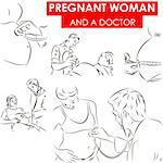 Set of vector sketches of d a doctor examining pregnant woman
