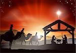 Christmas nativity scene with baby Jesus in the manger in silhouette, three wise men or kings and star of Bethlehem