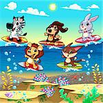 Funny animals surfing on the sea. Cartoon and vector illustration.