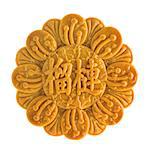 Traditional mooncake isolated on white background. Chinese mid autumn festival foods. The Chinese words on the mooncake means durian pure lotus paste, not a logo or trademark.