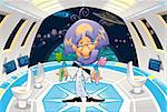 Funny scientist in a spaceship. Cartoon and vector illustration.
