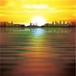 abstract background with yellow sunrise and silhouette of London