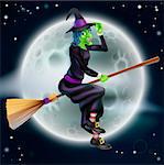 A cartoon Halloween witch character flying in front of a big full moon