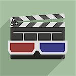 minimalistic illustration of a clapper board with 3D glasses on top, symbol for film and video