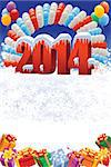 New Year 2014 on white winter background with balloons and gifts