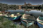 Dock of rowboats at Tormes river, in front of Salamanca of the Cathedral of Salamanca