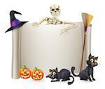 A Halloween scroll sign with a skeleton character above the banner and pumpkins and witch's cats, hat and broomstick