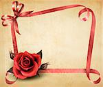 Retro holiday background with red rose and ribbons. Vector illustration.