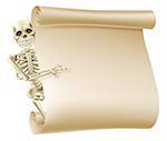 An illustration creepy skeleton peeping round a scroll banner and showing what is written on it.
