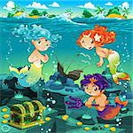 Seascape with mermaids and triton. Vector cartoon illustration