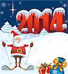 New Year and skiing santa with gifts, christmas decoration ready for your message