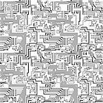 Circuit board vector computer seamless technological background - electronic black and white pattern