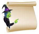 An illustration of a Halloween witch character peeping round a scroll sign or banner and pointing at it