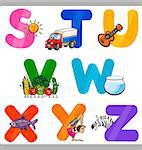 Cartoon Illustration of Funny Capital Letters Alphabet with Objects for Language and Vocabulary Education for Children from S to Z