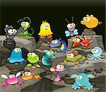 Family of monsters in the cave. Funny cartoon and vector isolated characters.