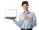 Smiling businessman with laptop computer. Isolated over white background.