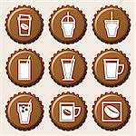 Set of coffee cup icon on bottle caps, stock vector