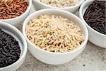 a small bowl of brown basmati rice grain among bowls of other grains