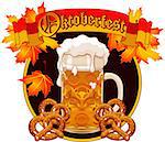 Round Oktoberfest Celebration design with glass of beer autumn leaves