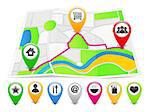 Map markers with different icons on the abstract map, vector eps10 illustration