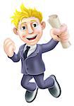 Cartoon businessman with certificate, qualification or other scroll jumping for joy with fist clenched. Education concept for learning, training or passing a professional examination especially career development.