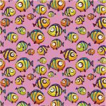 Cartoon seamless pattern with funny striped fish on a pink background.