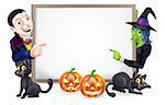 Halloween sign or banner with orange Halloween pumpkins and black witch's cats, witch's broom stick and cartoon Dracula and witch characters