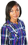Pretty African female in flannel shirt over isolated background