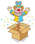 Illustration of clown jumps out of the box