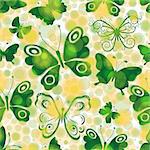 Spotty seamless spring pattern with green butterflies and transparent balls (vector EPS 10)