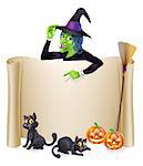 A Halloween scroll sign with a witch character above the banner and pumpkins, witch's cats, hat and broomstick