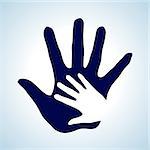 Hand in hand illustration in white and blue as concept of help, assistance and cooperation.