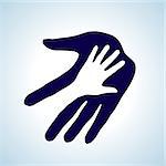 Helping hand illustration in white and blue. Concept of help, assistance and cooperation.