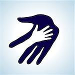 Hand in hand illustration in white and blue. Help, assistance and cooperation symbol.