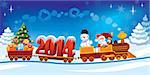 New Year 2014 and Santa Claus in a toy train with gifts, snowman and christmas tree.