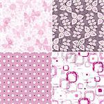 Set seamless pink grunge patterns with polka dots, spots and butterflies (vector EPS 10)